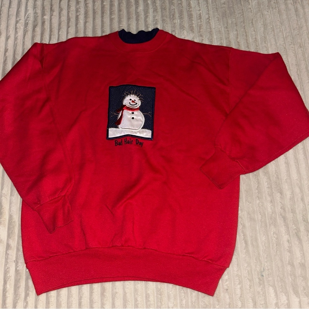 Vintage Cozy Red Snowman Crewneck‎ Sweater Bad Hair Day